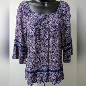HANNAH Blue Floral Blouse, Size Medium, Excellent Condition!